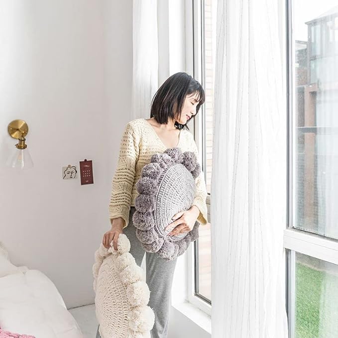 Knitted Throw Pillow Round Couch Pillow Sofa Cute Cushion Handmade Pompoms Decorative Plush Pillow (Beige, Diameter 18inches)