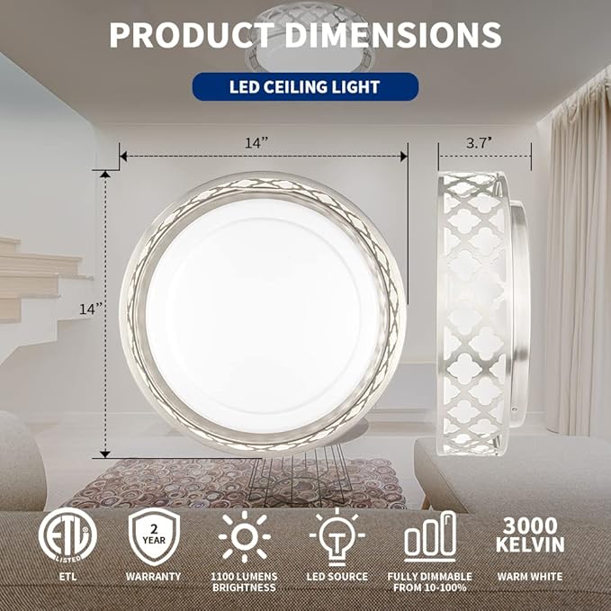 14inch LED Ceiling Light, 20W 1400 Lumens Dimmable Flush Mount Lighting Fixtures, 3000K Warm White, Brushed Nickel Finish, ETL Listed for Kitchen, Hallway, Bedroom, Laundry