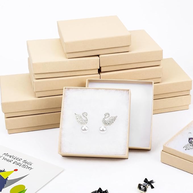 Cardboard Jewelry Gift Boxes, 20 Pack 3.5x3.5x1 Inch, Bulk Cotton Filled Small Jewelry Boxes with Lids for Necklace Ring Bracelet Earring Display Box (Brown)