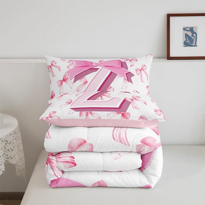 jejeloiu Kids Girls Cute Pink Bow Comforter Set King Size Monogrammed Bedding Set Ultra Soft Personalized Initial Z Duvet Quilt Coquette Bow Knot Quilt Set Room Decor Modern Fashion Comforter