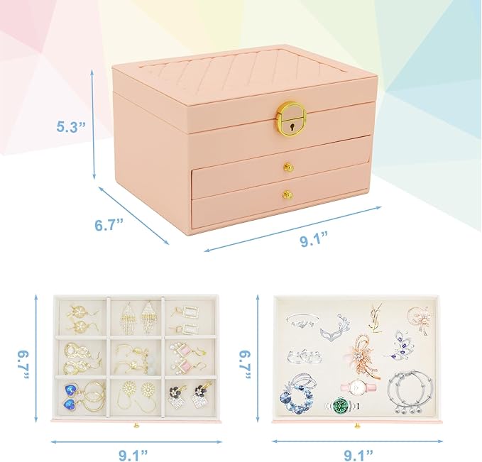 KOOAAICCHI Jewelry Box for Women, 3-Layer Jewelry Organizer, Jewelry Storage Case PU Leather for Earrings, Bracelets, Ring, Necklaces-Pink