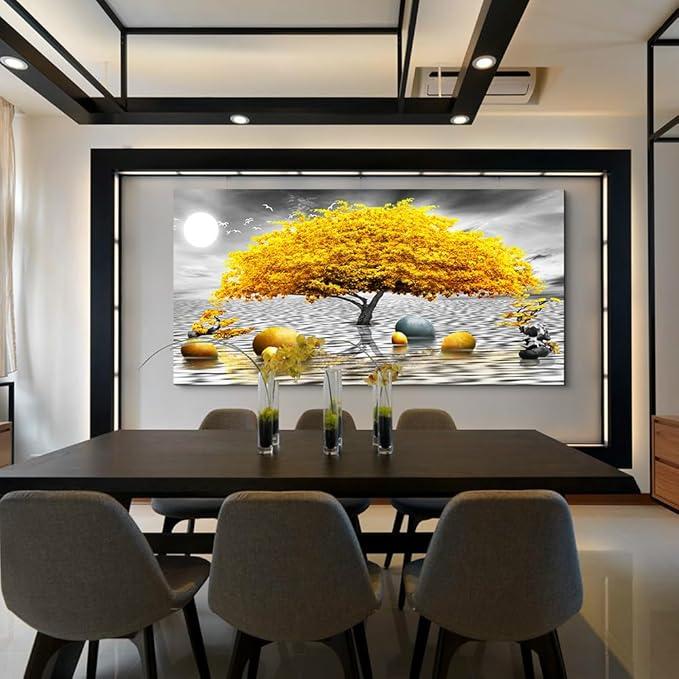 Wapluam Black And White Wall Art - Framed Canvas Wall Decor For Living Room, Office, Bedroom - Large Artwork - 20" X 40" - Yellow Tree View