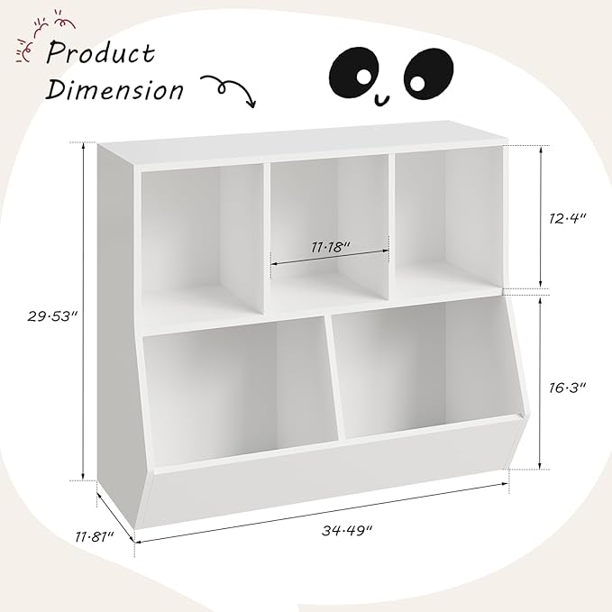 oneinmil Kids Bookshelf, Toy Storage Cubby, Children's Toy Shelf, 35.4" L Storage Cabinet, Fit for Children's Room, Hallway, Kindergarten and Playroom, White