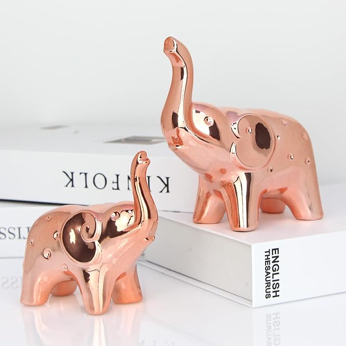 A Pair Elephant Statue Home Decor,Modern Style Figurines,Sculpture for Office Desktop Bookshelf Living Room (Ceramics Rose Gold)