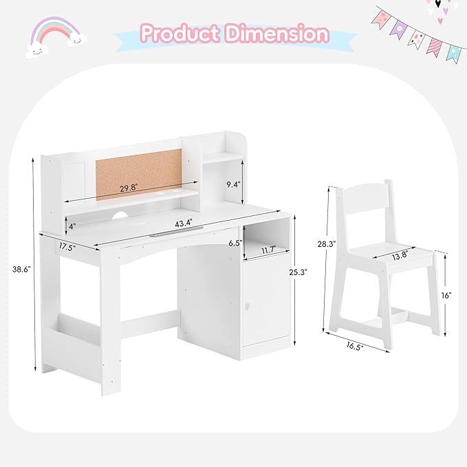 Kids Study Desk with Chair and Tiltable Desktop, Kids Stud Des and Chair Set with Hutch&Storage Cabinet, Wooden Children Study Table for 5-12 Years Old, Student Writing Desk for Bedroom (White)