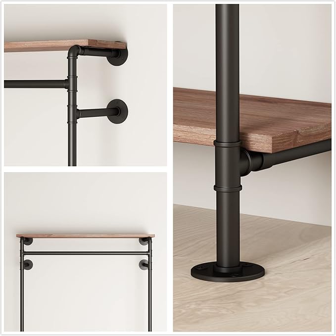 Industrial Pipe Clothing Racks with Shelves, Wall Mounted Clothes Rack for Hanging Rods, Heavy Duty Black Clothing Racks With Three Shelves Retail Display Garment Rack for Home