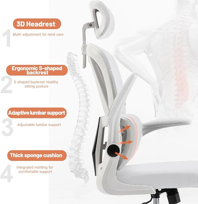 Ergonomic Office Chair Computer Desk Chairs with Flip-up Armrests and Lumbar Support, High Back Mesh Gaming Chairs Rolling Work Swivel Task Chairs with Adjustable Headrest
