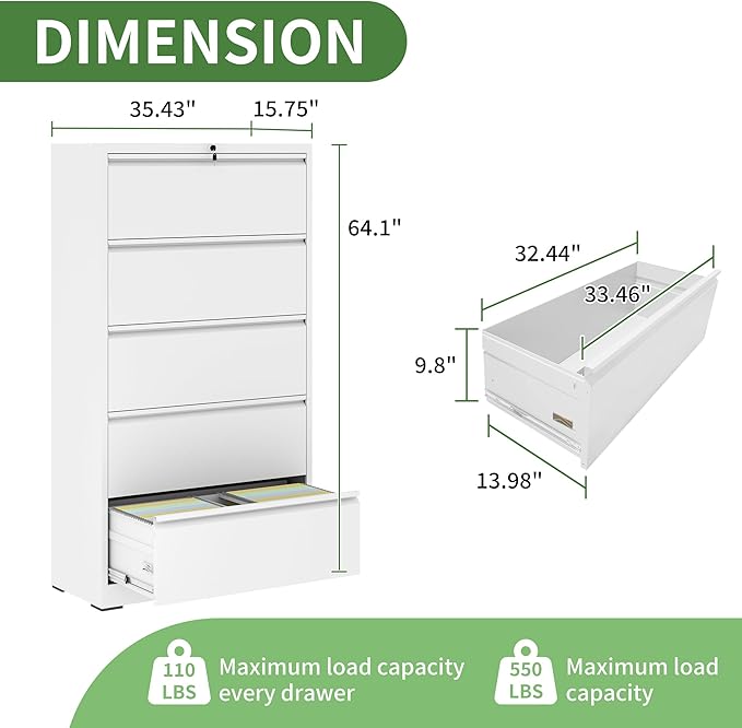 Lateral File Cabinet with Lock,5 Drawer Filing Cabinets for Home Office, Steel Wide Filing Organization Storage Cabinets for Hanging Files Letter/Legal/F4/A4 (White)
