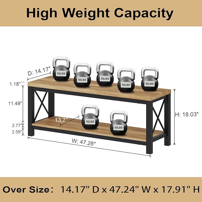 BON AUGURE Entryway Bench, Farmhouse Shoe Benches, Wooden Metal Entry Storage Bench with Shelf for Mudroom, Bedroom, Hall (47 inch Wide, Vintage Oak)