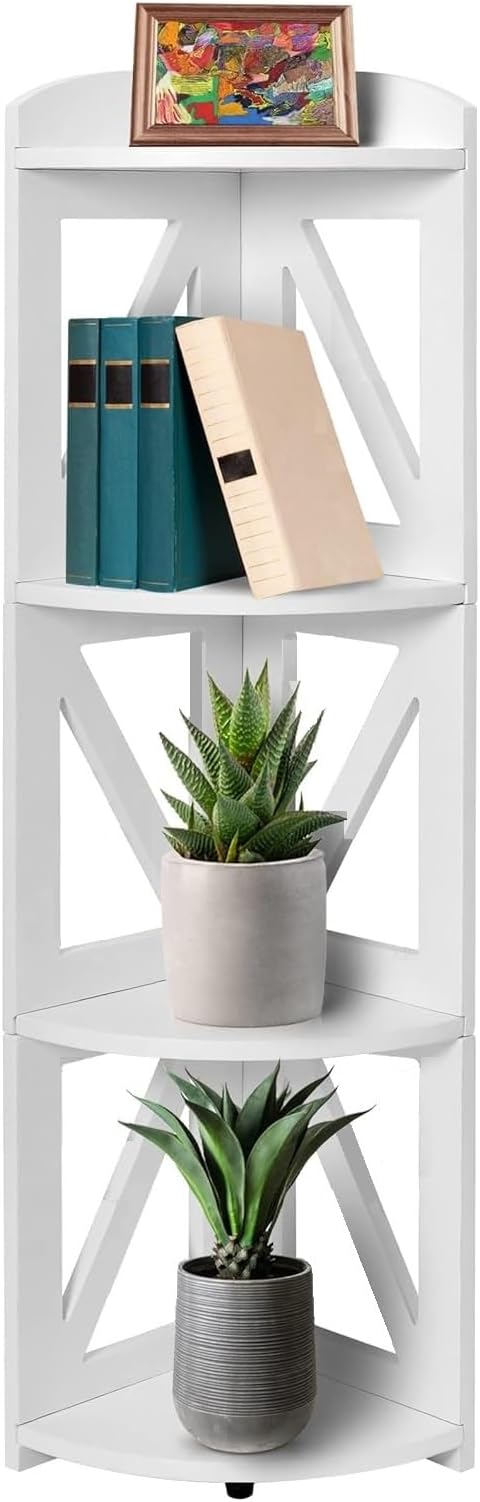Corner Shelf Stand, Corner Bookshelf, Small Corner Shelves by Natural Wood, Plant Stand, Corner Bookcase for Living Room, Home Office, Bedroom, (White, 4 Tier)