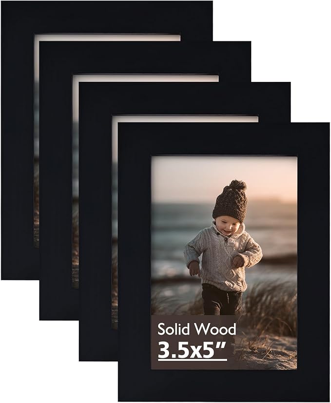 KINLINK 3.5x5 Picture Frames Black, Solid Wood Frames with Plexiglass for Table Top and Wall Mounting, Photo Frames for Horizontal or Vertical Display, 4 Pack