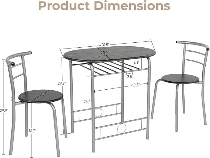 VINGLI 3 Piece Dining Set,Small Kitchen Table Set for 2,Breakfast Table Set,Kitchen Wooden Table and 2 Chairs for Small Space/Dining Room/Apartment,Metal Frame,Wine Rack,Sliver&Black