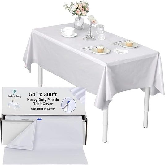 Craft And Party, 3X Thickness, 54 in x 300 feet Plastic Table Cover Roll for Party, 0.5Mil Banquet, Picnic, Kids Activities for Any Size and Shape Table (White, 54" x 300ft)