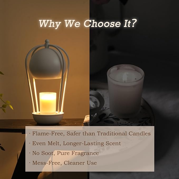 SpaceTime Candle Warmer Lamp With Timer - Farmhouse Electric Wax Warmer for Jar Candles, Dimmable Light, Home Decor, Gifts for Mom (White)