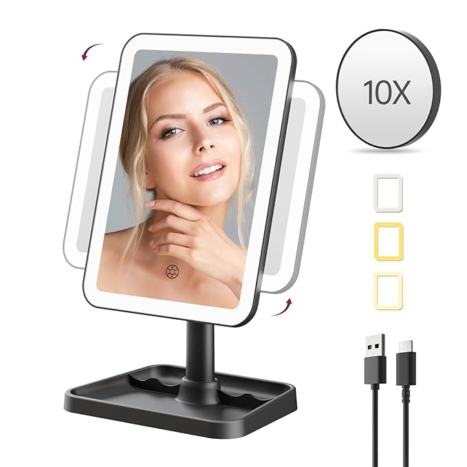 FUNTOUCH Vanity Mirror with Lights, Rechargeable 10X Magnification 3 Color Lighting Portable Tabletop Cosmetic Make Up Mirror, 360° Rotation Led Light up Mirrors with Storage,White
