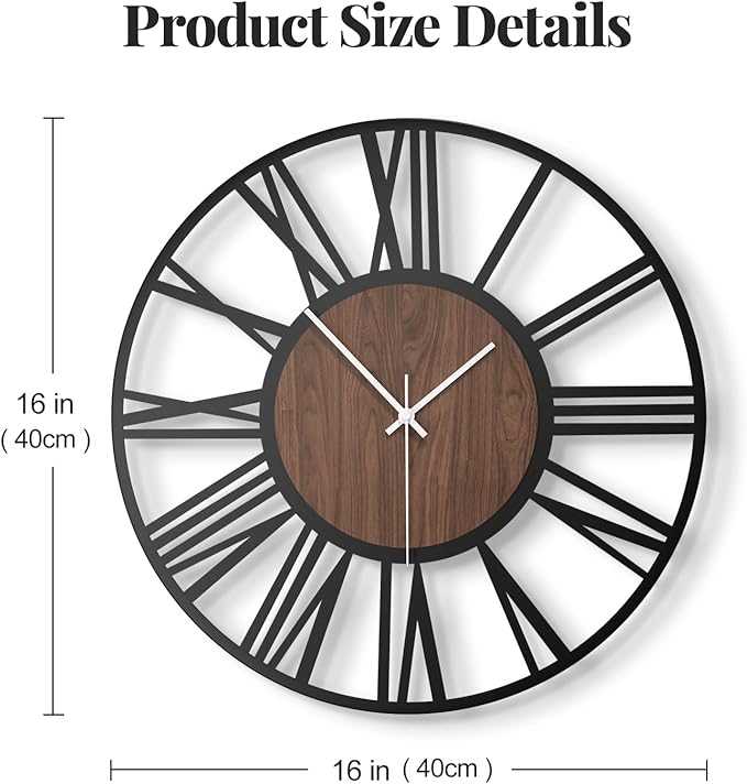 16 inch Wall Clock Battery Operated, Modern Wood Decorative Metal Wall Clock for Living Room, Non Ticking Silent Big Round Black Clocks, Bedroom, Kitchen, Farmhouse, Office Decor-Roman Numerals