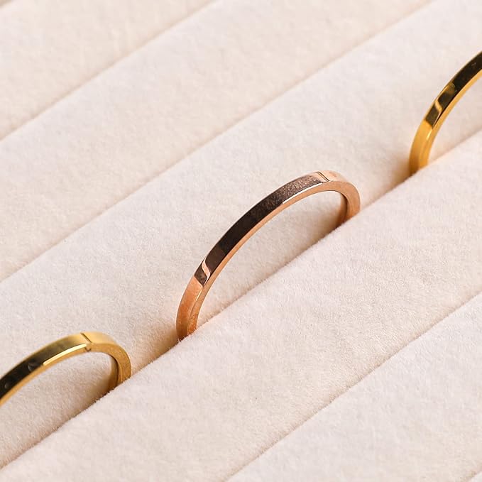 Frebeauty Small Jewelry Tray Set,Velvet Ring Organizer,Stackable Jewelry Organizer Tray,Mini Jewelry Drawer Organizer,4.92 x 3.74 x 0.9 Inches,7 Slots Ring Tray for Women(Set 2,Beige)