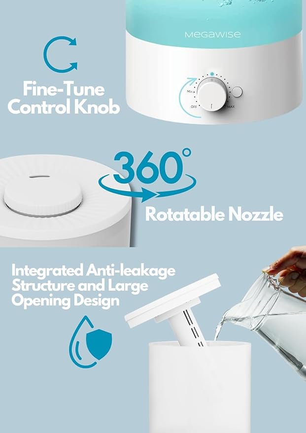 MegaWise Ultrasonic Cool Mist Humidifier SK7620 - 1.5L Capacity, Whisper-Quiet Operation, Adjustable Mist Output, Auto Shut-Off - Ideal for Home, Office, Baby Room, and Bedroom