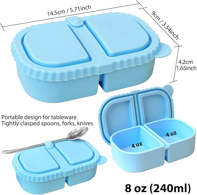 Silicone Reusable Snack Containers with Lids, 2 Compartment 8 oz Food Storage Containers Snackle Condiment Boxes Salad Dressing Sauce Seasoning Small Box for Travel Office Picnic 2 Pack Blue Pink
