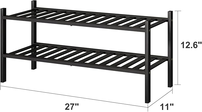 2-Tier Black Bamboo Shoe Rack for Entryway, Stackable | Foldable | Natural, Shoe Shelf Storage Organizer for Hallway Closet, Free Standing Shoe Racks for Indoor Outdoor