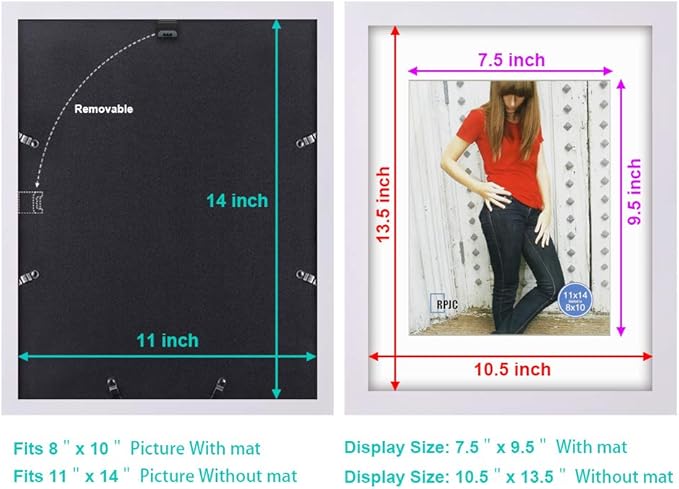 RPJC 11x14 Picture Frames Made of Solid Wood and High Definition Glass Display Pictures 8x10 with Mat or 11x14 Without Mat for Wall Mounting Photo Frame White