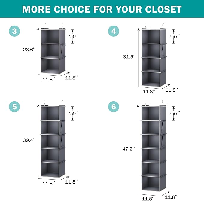 Hanging Closet Organizer, 5-Shelf Closet Hanging Storage Shelves, Grey