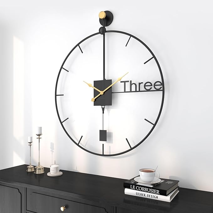 30 inch Wall Clock Large Modern Battery Operated Wall Clock with Swing Pendulum, Silent Non-Ticking Metal Clock for Living Room Decor, Decorative Hanging Clock for Bedroom, Office, Kitchen, Home
