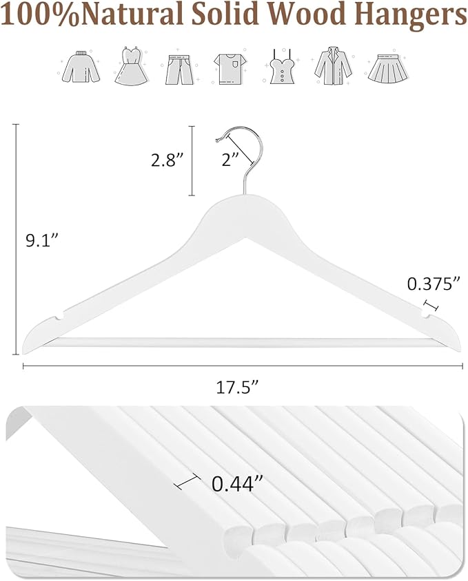 AMKUFO Wooden Hangers 20 Pack Wood Suit Hangers Non Slip Wooden Coat Hangers with Smooth Fnish Cut Notches 360° Swivel Hook Clothes Hangers for Jeans Pants Jackets Shirts Dresses, White