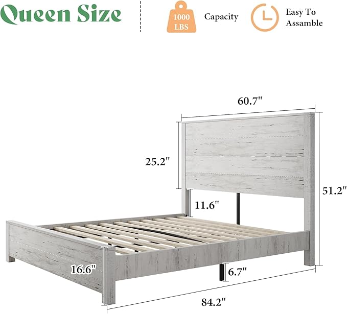 AMERLIFE Queen Size Wood Bed Frame, Rustic 51.2" Platform Bed with Spliced Headboard, Wood Slats Support/Noiseless/No Box Spring Needed, Antique White