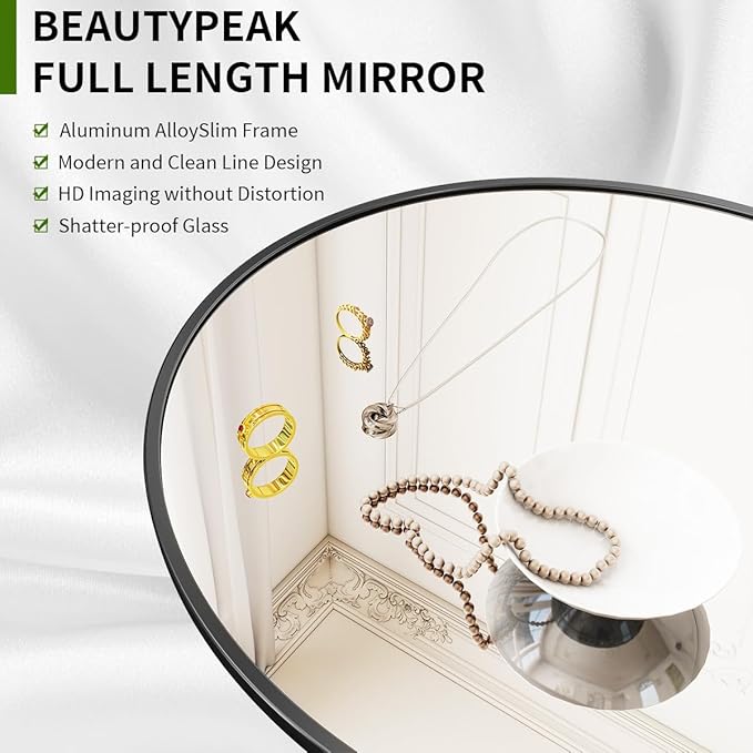 BEAUTYPEAK Arch Mirror Full Length, 59"x16" Wall Mirrors, Full Body Floor Mirror Aluminum Alloy Frame, Suitable for Bedroom, Dressing Room, Black