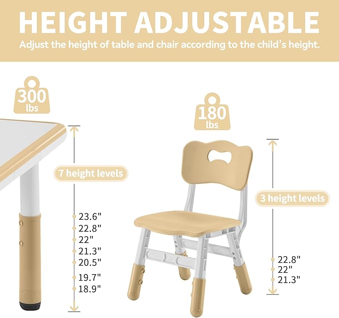Toddler Table and Chairs Set for 4, 47.2''L x 23.6''W Kids Study Table and Chair Set, Height-Adjustable, Graffiti Desktop, Children Activity Table for Daycare, Classroom, Home