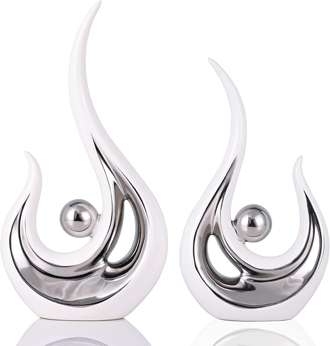 DOVDOV Abstract Ceramic Statues Set of 2, Silver and White Home Decor, Modern Classic Art Statues with Plated Gold Accents