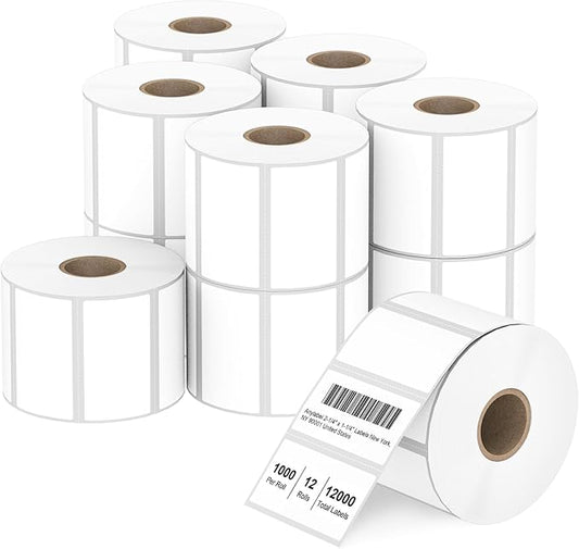 2.25" x 1.25" Direct Thermal Labels - White for Barcode Printing, Compatible With Zebra, Rollo, Munbyn Printers (12 Rolls, 1000 Labels/Roll)