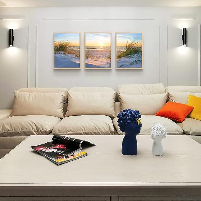 Natural Wood Framed Wall Art for Living Room and Bedroom - Large Size Sun Blue Beach Pictures - Office and Home Decor - Ocean Paintings Set of 3 Piece Framed Art Prints