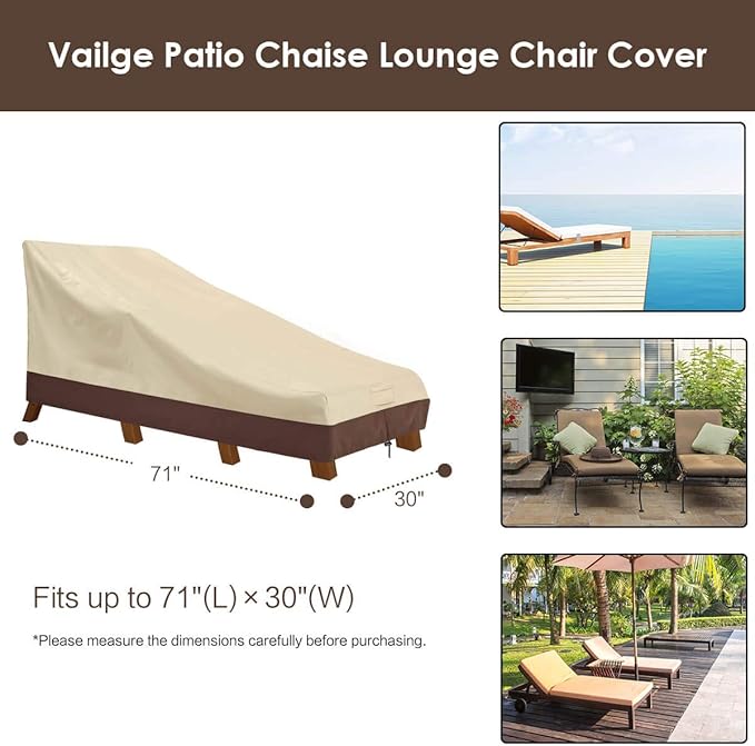 Vailge Waterproof Patio Chaise Lounge Cover, 600D Heavy Duty Outdoor Lounge Chair Covers,UV Resistant Patio Furniture Covers,2 Pack-Small,Beige & Brown