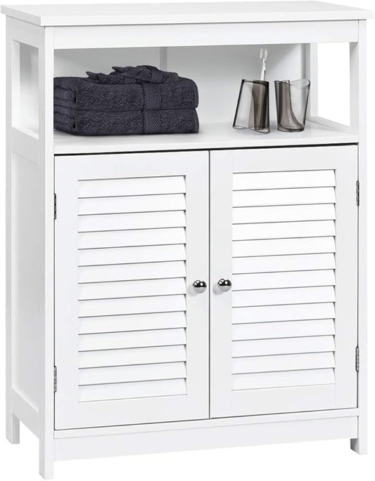 Tangkula Bathroom Floor Cabinet, Wooden Freestanding Storage Cabinet with Double Shutter Door & Adjustable Shelf, Storage Cabinet for Bathroom Living Room (White)