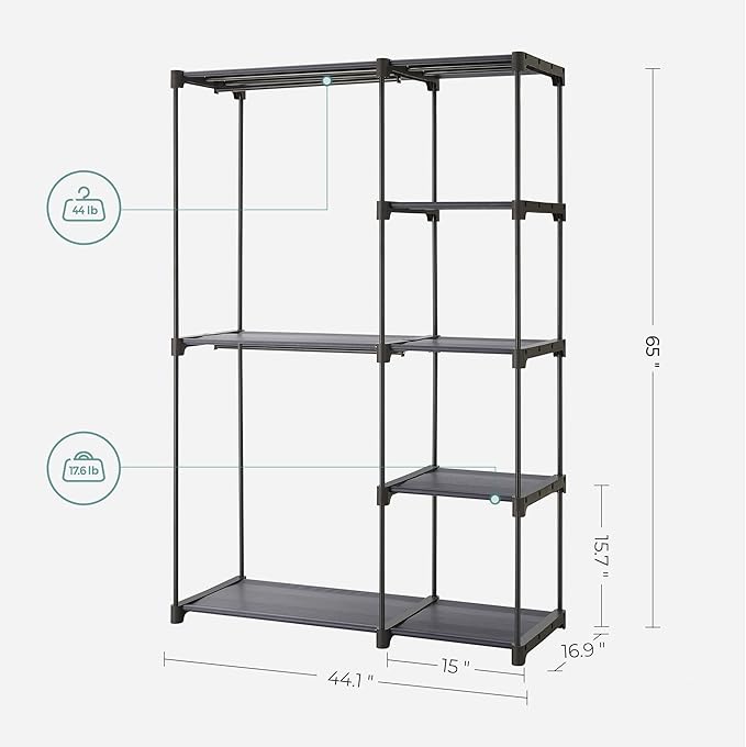 SONGMICS Portable Closet, Freestanding Closet Organizer, Clothes Rack with Shelves, Hanging Rods, Storage Organizer, for Cloakroom, Bedroom, 44.1 x 16.9 x 65 Inches, Gray URYG024G02