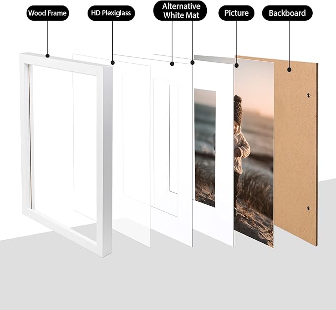 KINLINK 12x16 Picture Frame White - Solid Wood Frames with Acrylic Plexiglass for Pictures 11x14/9x12 with Mat or 12x16 without Mat, Wall Display Photo Frame, Set of 4