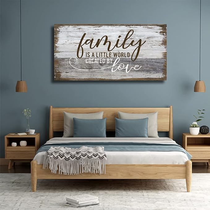 Family Is a Little World Created by Love Canvas Wall Art Rustic Letters Prints Retro Farmhouse Wooden Board Canvas Pictures Wall Decor Vintage Canvas Artwork for Living Room Decoration 20" x 40"