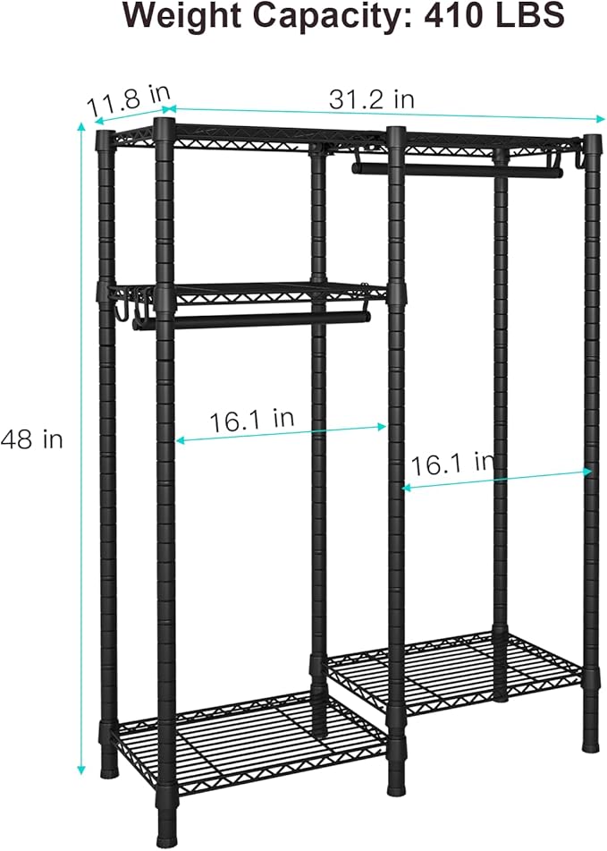 Ulif F1 Garment Rack for Kids, Baby, Students, and Children's Room, 4 Tiers Freestanding and Portable Heavy Duty Closets, Small Metal Clothes Rack with 2 Hanging Rod, 31.2" W x 11.8" D x 48" H, Black