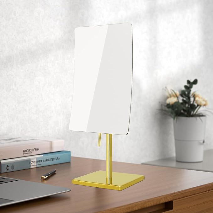 DOWRY 5X Tabletop Magnifying Makeup Mirror Adjustable Rectangular Vanity Mirror for Bedroom 304 Stainless Steel Gifts for Women Wife Mom Teengirls Gold Brushed