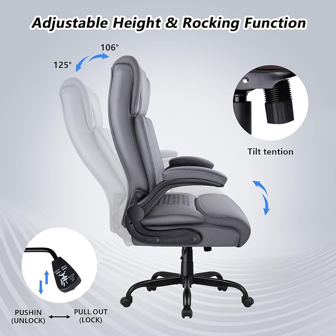 Leather Office Chair Desk Chair, Comfortable Office Desk Chair Computer Chair with Adjustable Flip-up Armrest, Ergonomic Executive High Back Tall Chairs with Smooth Wheels, Grey