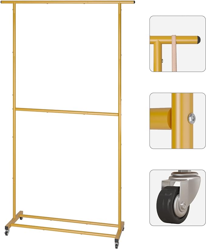 Sywhitta Double Rod Clothing Garment Rack, Rolling Clothes Organizer on Wheels for Hanging Clothes, Easy to Assemble, Adjustable, Gold