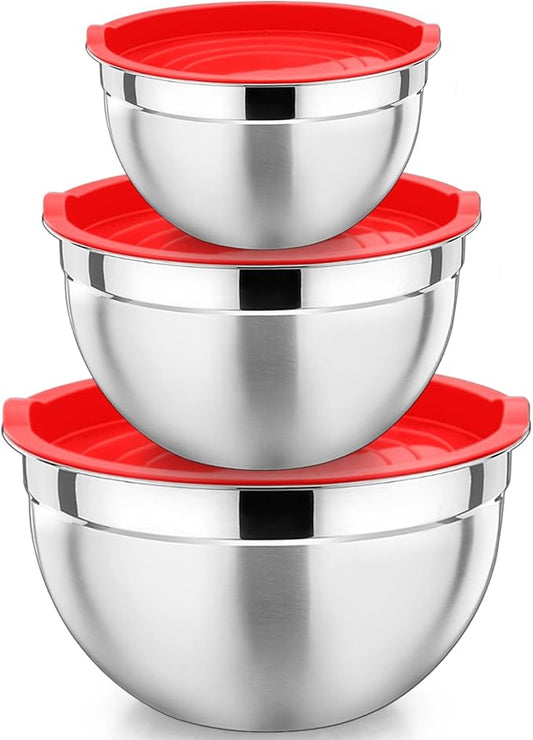 P&P CHEF Red Mixing Bowls with Lids, Set of 3, Stainless Steel Salad Nesting Bowl for Mixing, Storing, Prepping, Airtight & Stackable, Size 4.6/3 /1.5 QT