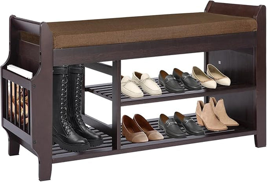 Bamboo Shoe Storage Bench, 3-Tier Shoe Rack with Padded Seat Cushion, Shoe Organizer Shelves for Entryway, Living Room, Bedroom, Hallway, Brown 39”