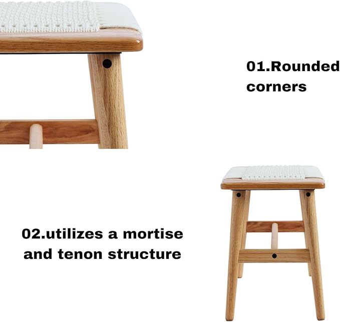 31.5'' Woven Dining Beach with 100% Solid Oak Wood Bench Frame, Hand Knitted Rope Designed Bed End Shoe Bench for Kitchen Bedroom Entryway, White