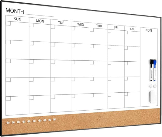ARCOBIS Dry Erase Calendar with Cork Board for Wall, 36"x 24" Magnetic Calendar Whiteboard with Black Frame, Monthly Combination Board for School, Home, Office