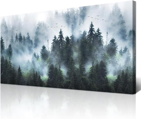 Wapluam Foggy Forest Landscape Wall Pictures Canvas Wall Art For Living Room Wall Decor For Office Bedroom Wall Decorations Framed Canvas Prints Artwork Modern Wall Painting Home Decoration 24"X48"