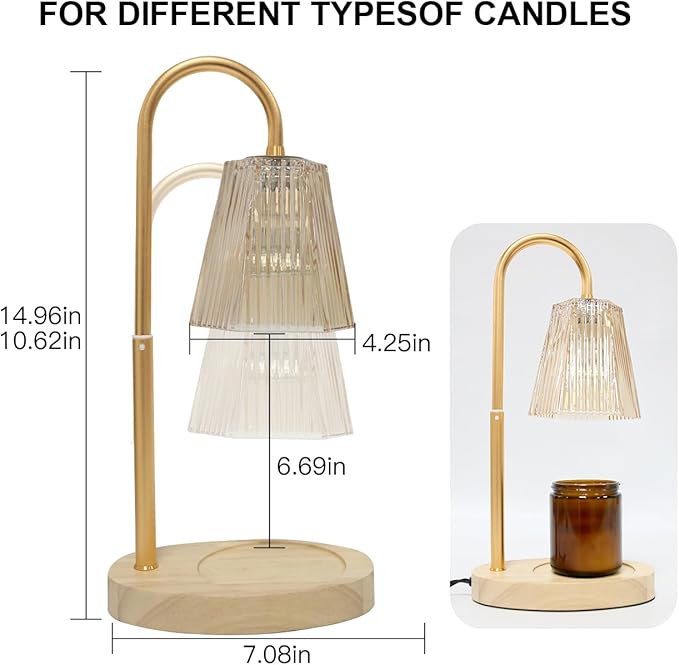 LIDORE Candle Warmer, Candle Warmer Lamp with Timer, Wooden Base Golden Glass, Gift for Mothers Day Valentines Day Christmas New Year, Home Decor, with 2 GU10 Bulbs