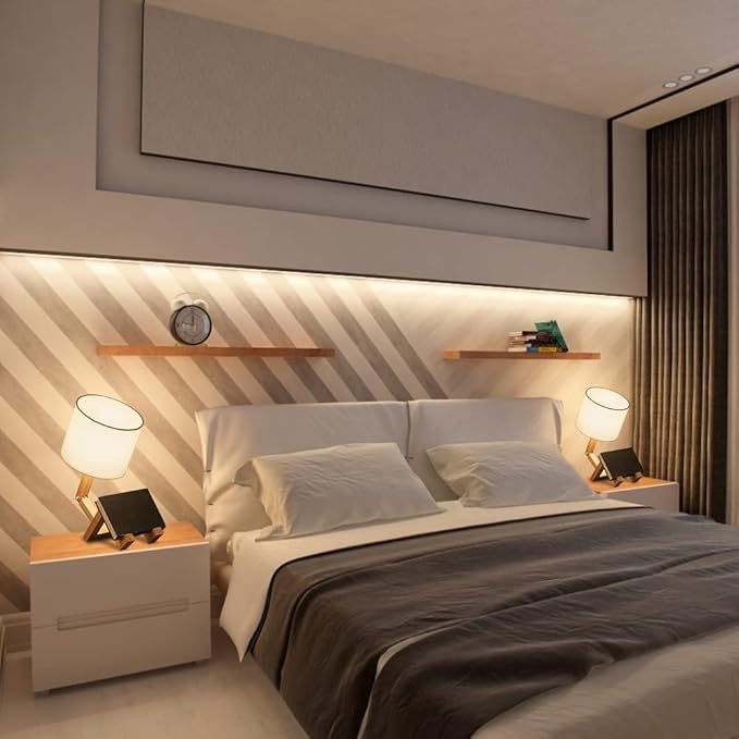 ELINKUME Robot Desk Lamp Set of 2, Creative Bedside Lamp for Bedroom,Wooden Lamp Body Adjustable,DIY E26 Living Room Table Lamps with Fabric Shade,Modern Indoor Decorative Lighting, TB-QBT005-WHM2